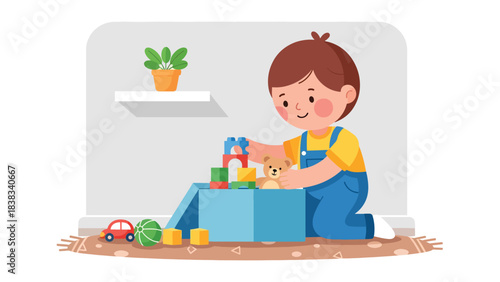 Modern flat vector illustration of a child happily cleaning up toys after playtime, showing responsibility and organizational skills