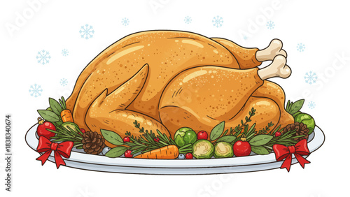 beautifully roasted Christmas turkey served with herbs, vegetables, and golden crispy skin on a festive holiday table filled with warm seasonal decorations and winter ambiance