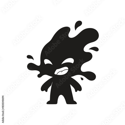 Abstract Character with Fluid Form: Dynamic Black Ink Illustration on White Canvas portraying