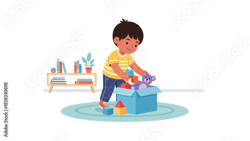Modern flat vector illustration of a child happily cleaning up toys after playtime, showing responsibility and organizational skills