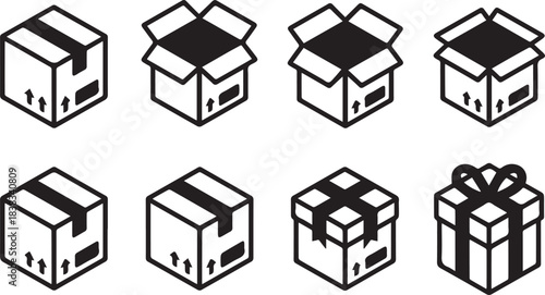 Box line icons. Empty open shipping box or unboxing line art. Carton boxes icon set. Stock vector. Vector illustration.
