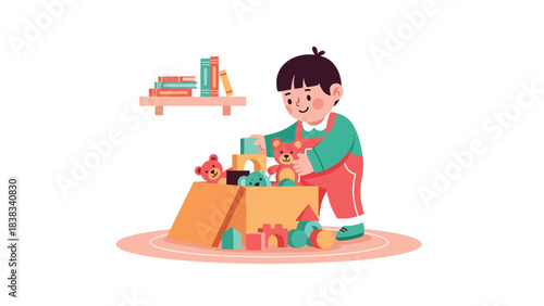 Modern flat vector illustration of a child happily cleaning up toys after playtime, showing responsibility and organizational skills