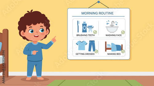 Modern flat vector illustration of a child checking a morning routine chart with icons for hygiene, dressing, and organization