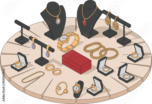 isometric jewelry display, luxury necklaces, rings, earrings, bracelets, gemstone showcases, retail counter illustration, gold accessories, elegant shop interior