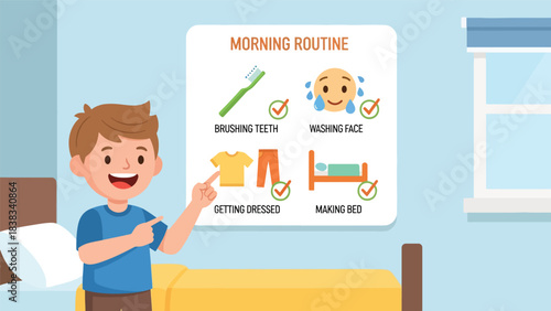 Modern flat vector illustration of a child checking a morning routine chart with icons for hygiene, dressing, and organization