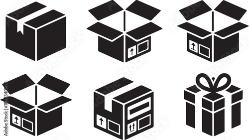 Box line icons. Empty open shipping box or unboxing line art. Carton boxes icon set. Stock vector. Vector illustration.