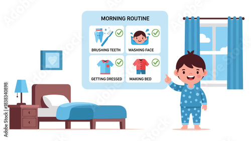Modern flat vector illustration of a child checking a morning routine chart with icons for hygiene, dressing, and organization