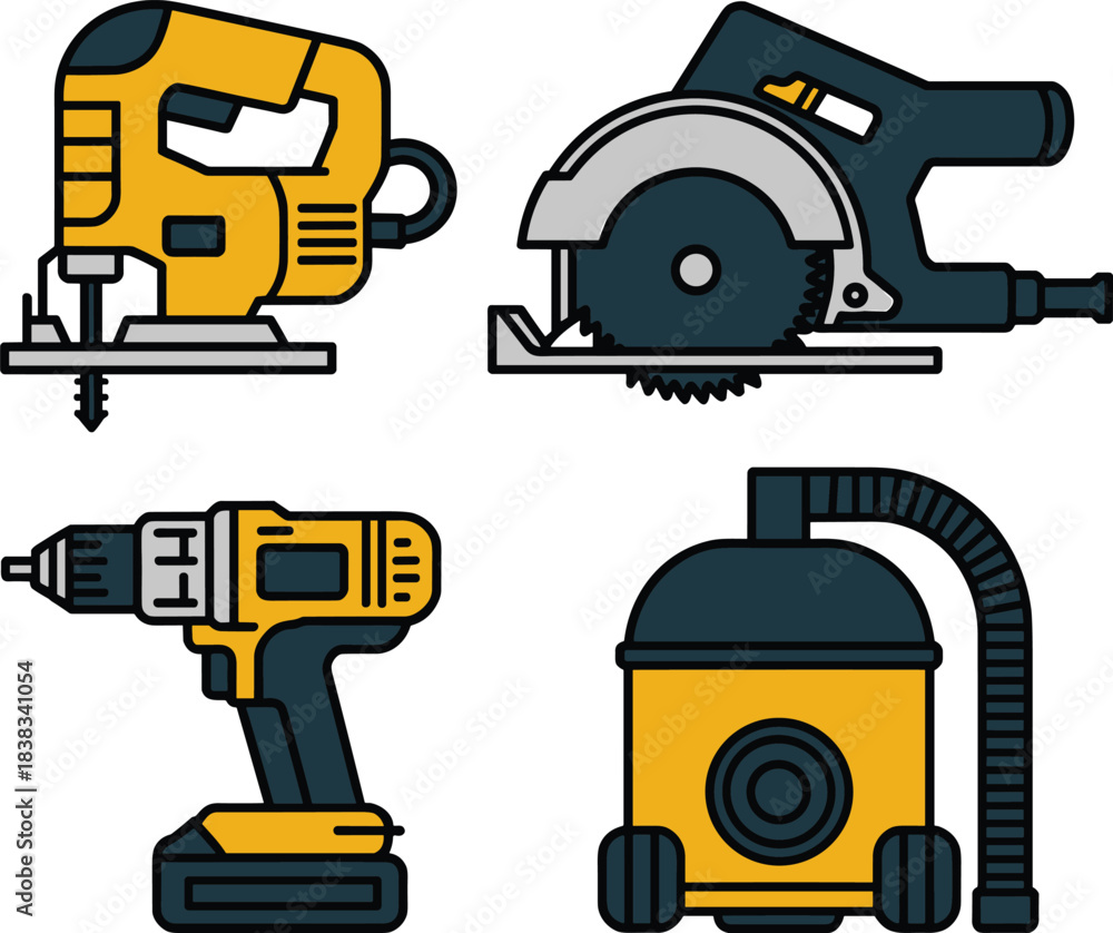 Fototapeta premium power tools illustration, jigsaw, circular saw, cordless drill, shop vacuum, construction equipment, DIY tools, workshop icons, tool vector set