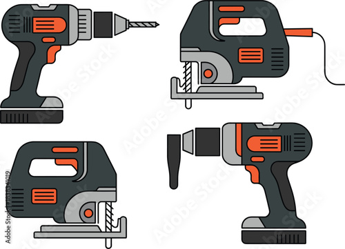 power tools illustration, electric drill, cordless drill, jigsaw tools, construction equipment, handyman tools, workshop icons, DIY tool graphic
