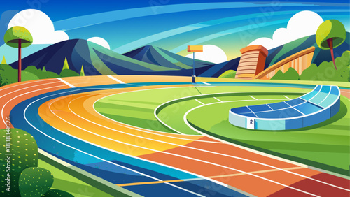 Track field with mountains and blue sky