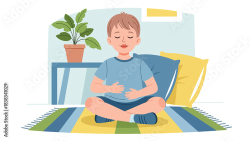 Modern flat vector illustration of a child practicing deep breathing to calm emotions while sitting quietly on a rug