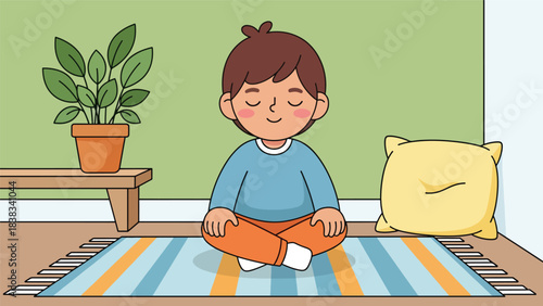 Modern flat vector illustration of a child practicing deep breathing to calm emotions while sitting quietly on a rug