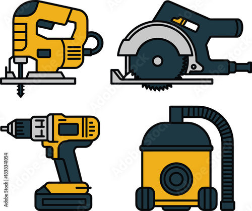 power tools illustration, jigsaw, circular saw, cordless drill, shop vacuum, construction equipment, DIY tools, workshop icons, tool vector set