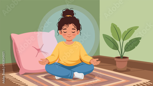 Modern flat vector illustration of a child practicing deep breathing to calm emotions while sitting quietly on a rug