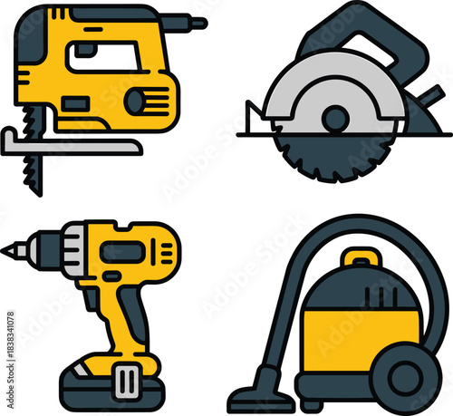 power tools illustration, jigsaw, circular saw, cordless drill, shop vacuum, construction equipment, DIY tools, workshop icons, tool vector set