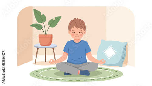 Modern flat vector illustration of a child practicing deep breathing to calm emotions while sitting quietly on a rug