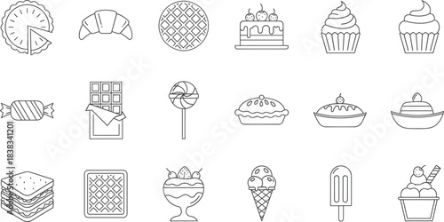 A complete set of line art outline vector icons for various desserts and sweet foods, including cakes, pie, ice cream, croissant, wafer, and chocolate bar