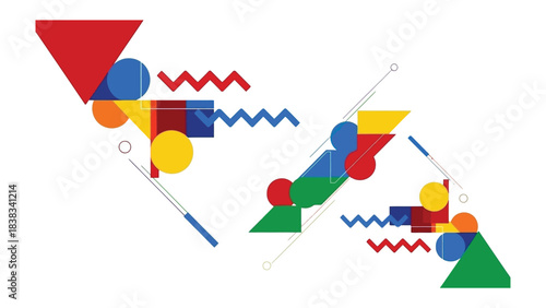 Geometric Abstraction: A dynamic composition of colorful geometric shapes and lines creates a visually engaging and modern abstract design.