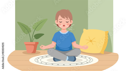 Modern flat vector illustration of a child practicing deep breathing to calm emotions while sitting quietly on a rug