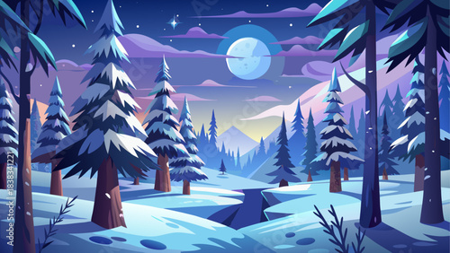 Winter landscape with trees and full moon