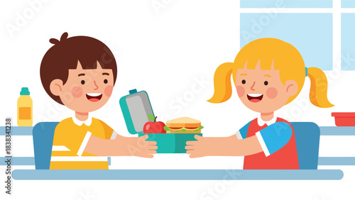 Modern flat vector illustration of a child sharing snacks with a friend at school, demonstrating kindness and good manners