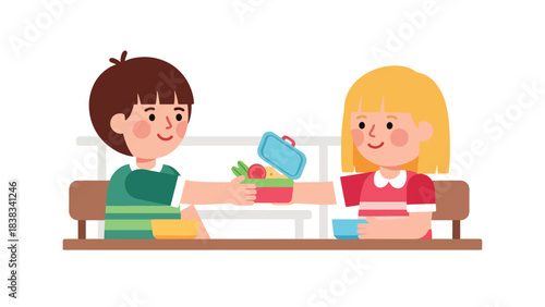 Modern flat vector illustration of a child sharing snacks with a friend at school, demonstrating kindness and good manners