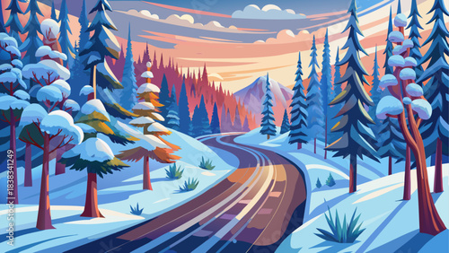 Snowy road through the winter wonderland