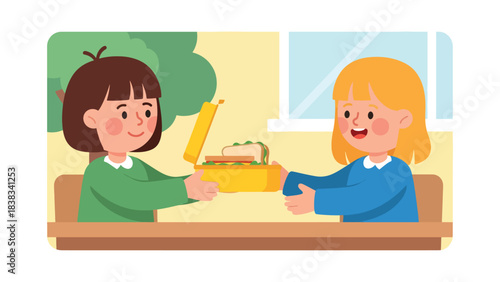 Modern flat vector illustration of a child sharing snacks with a friend at school, demonstrating kindness and good manners