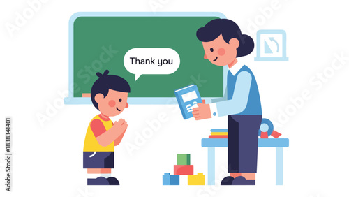 Modern flat vector illustration of a child saying “thank you” politely after receiving a gift or help, demonstrating gratitude and respect