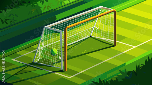 Soccer goal with ball on a green field art