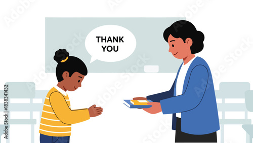 Modern flat vector illustration of a child saying “thank you” politely after receiving a gift or help, demonstrating gratitude and respect