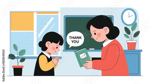 Modern flat vector illustration of a child saying “thank you” politely after receiving a gift or help, demonstrating gratitude and respect