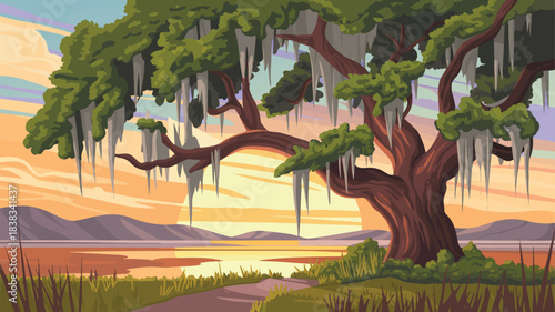 Beautiful Ancient Live Oak Draped in Spanish Moss, Lowcountry South Carolina Coastal View with Open Sky, Soft Light, and Peaceful Natural Landscape