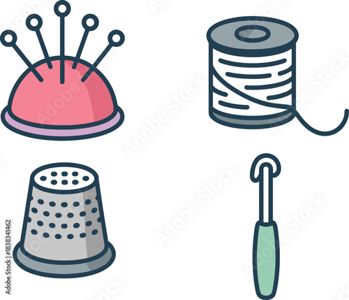 Sewing and crafting icon set featuring pincushion, thread spool, thimble, crochet hook, needlework tools, handmade craft supplies illustration