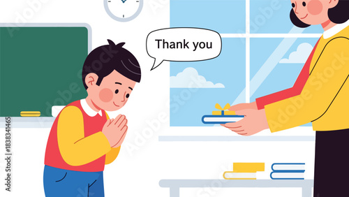Modern flat vector illustration of a child saying “thank you” politely after receiving a gift or help, demonstrating gratitude and respect