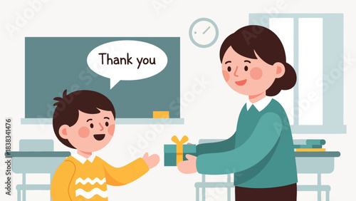 Modern flat vector illustration of a child saying “thank you” politely after receiving a gift or help, demonstrating gratitude and respect
