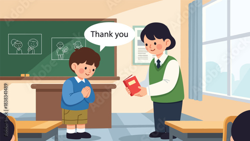 Modern flat vector illustration of a child saying “thank you” politely after receiving a gift or help, demonstrating gratitude and respect