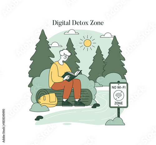 Tranquil Reading in Digital Detox Zone Vector Illustration