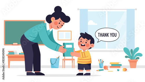 Modern flat vector illustration of a child saying “thank you” politely after receiving a gift or help, demonstrating gratitude and respect