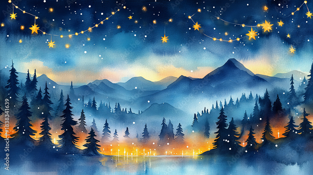 Fototapeta premium watercolor christmas night forest with a starry garland, on a colorful background