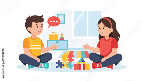 Modern flat vector illustration of siblings sitting together solving conflict calmly and respectfully with words