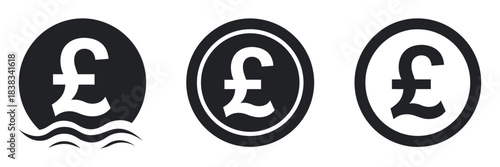 Pound Sterling Coin Icons Vector. UK Currency Money Symbols in Three Round Coin Designs