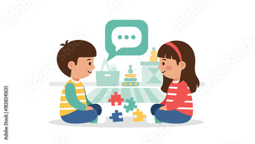 Modern flat vector illustration of siblings sitting together solving conflict calmly and respectfully with words