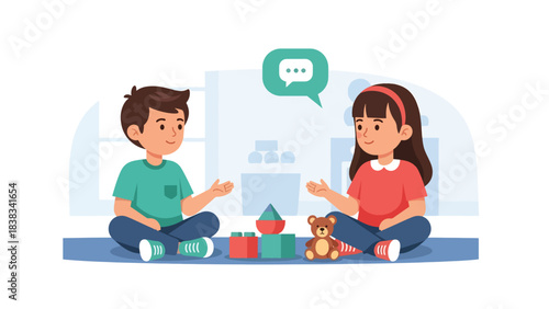 Modern flat vector illustration of siblings sitting together solving conflict calmly and respectfully with words