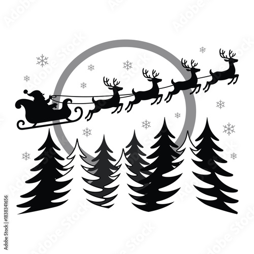 Flying Santa Claus Sleigh Silhouette with Reindeer over Winter Forest and Moonlit Christmas Night