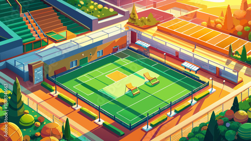 Aerial view of a rooftop tennis court area