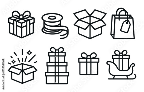 Black gift icons: presents, boxes, ribbon, bag, and sleigh