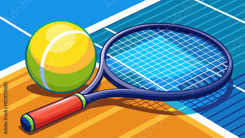 Tennis racket and ball on the court view