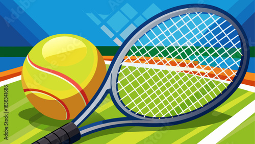 Tennis racket and ball on the court view