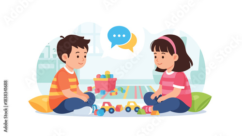 Modern flat vector illustration of siblings sitting together solving conflict calmly and respectfully with words